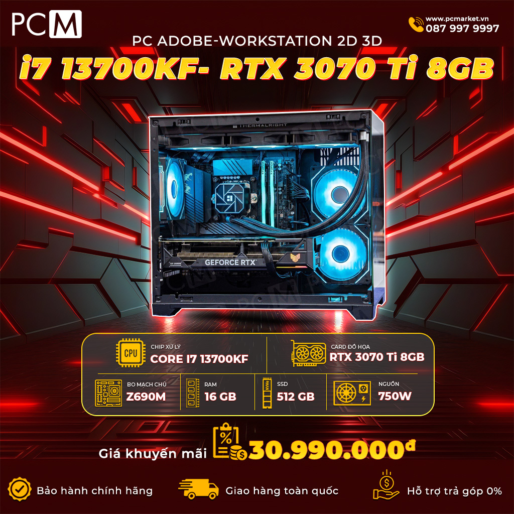 PC ADOBE-Workstation 2D 3D i7 13700KF- RTX 3070 Ti 8GB