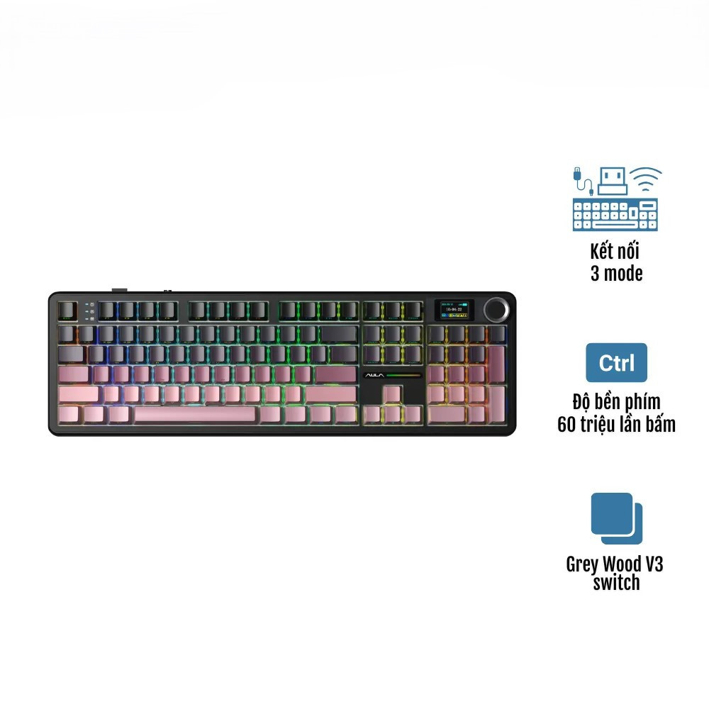 Bàn phím cơ AULA F108 Pro Black Pink Gradient Grey Wood V3 switch