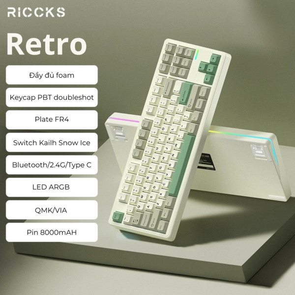 Bàn phím cơ Riccks RS8 Retro HMX Cheese Pink 3 Switch (Mode 3 Mode | RGB + Led Viền | QMK/VIA)