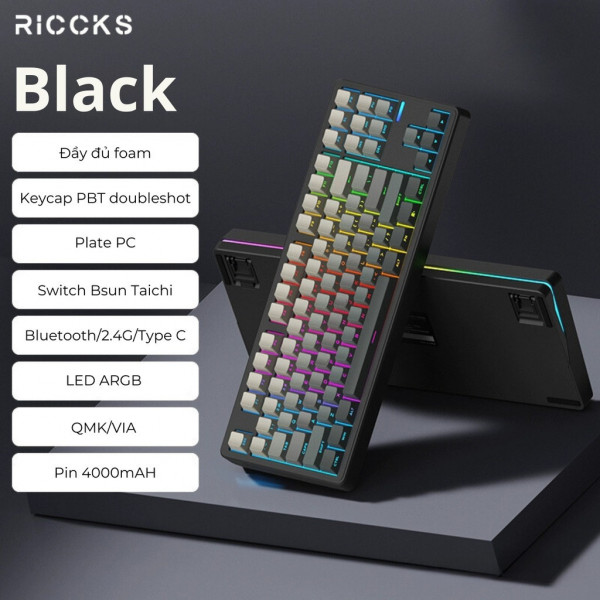 Bàn phím cơ Riccks RS8 Black Bsun Taichi  Switch (Mode 3 Mode | RGB + Led Viền | QMK/VIA)